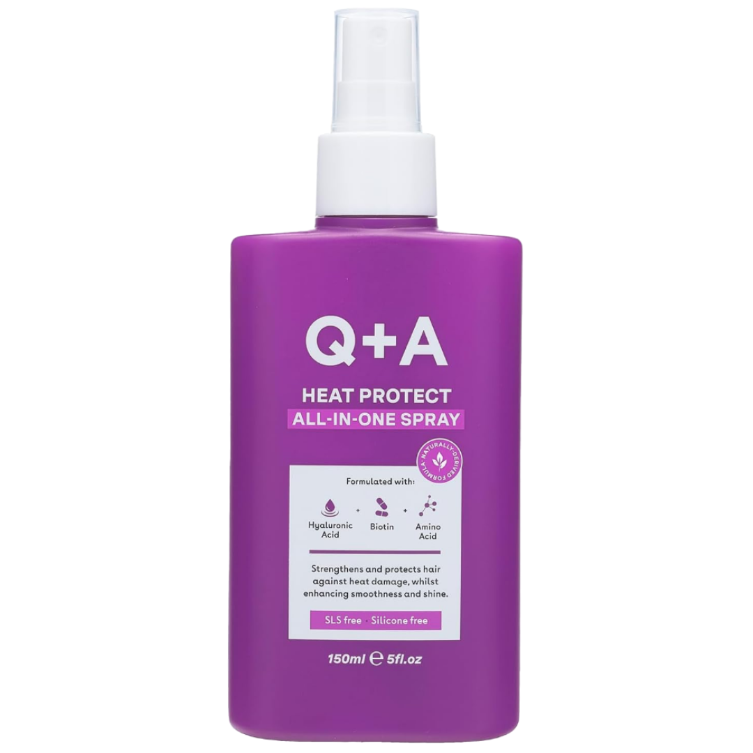 Purple spray bottle with 'Q+A' branding on a white background