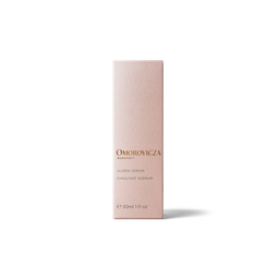 A tall, slim rectangular box for Omorovicza Queen Serum in Keralino Serum, shown in a soft blush pink color with gold lettering, set against a plain white background.