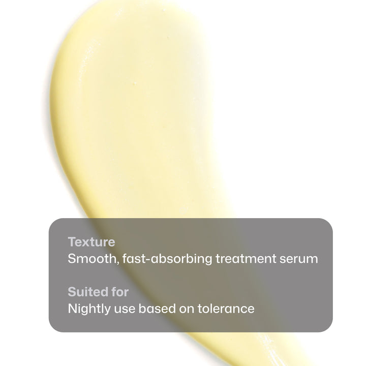 A close-up of a pale yellow cream or serum swatch on a white background with a semi-transparent text box describing the texture as smooth and fast-absorbing, suitable for nightly use.