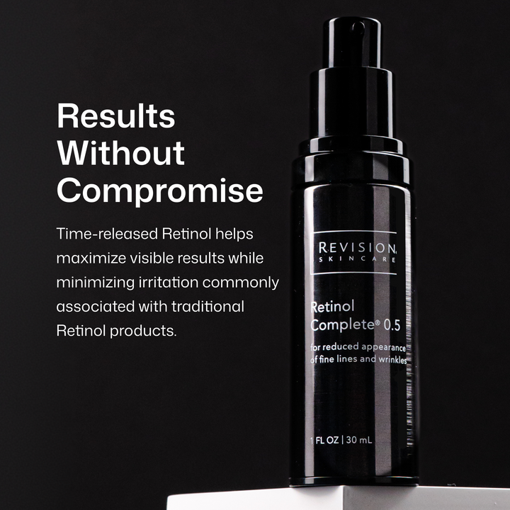 A black pump bottle of Revision Skincare Retinol Complete 0.5 serum displayed on a white pedestal against a black background, with white marketing text on the left.