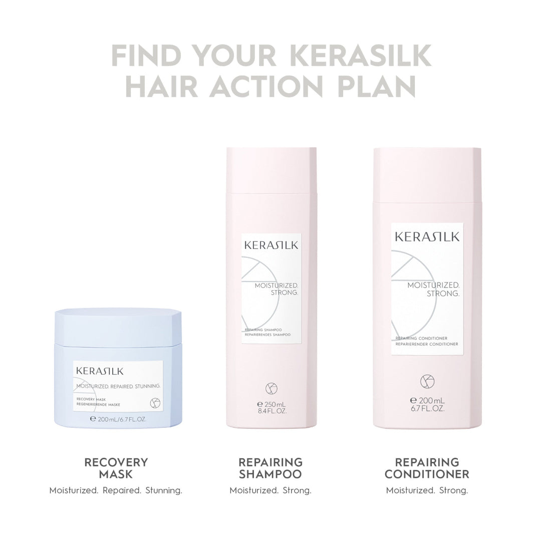 Kerasilk hair care products including shampoo, conditioner, and mask on a white background.