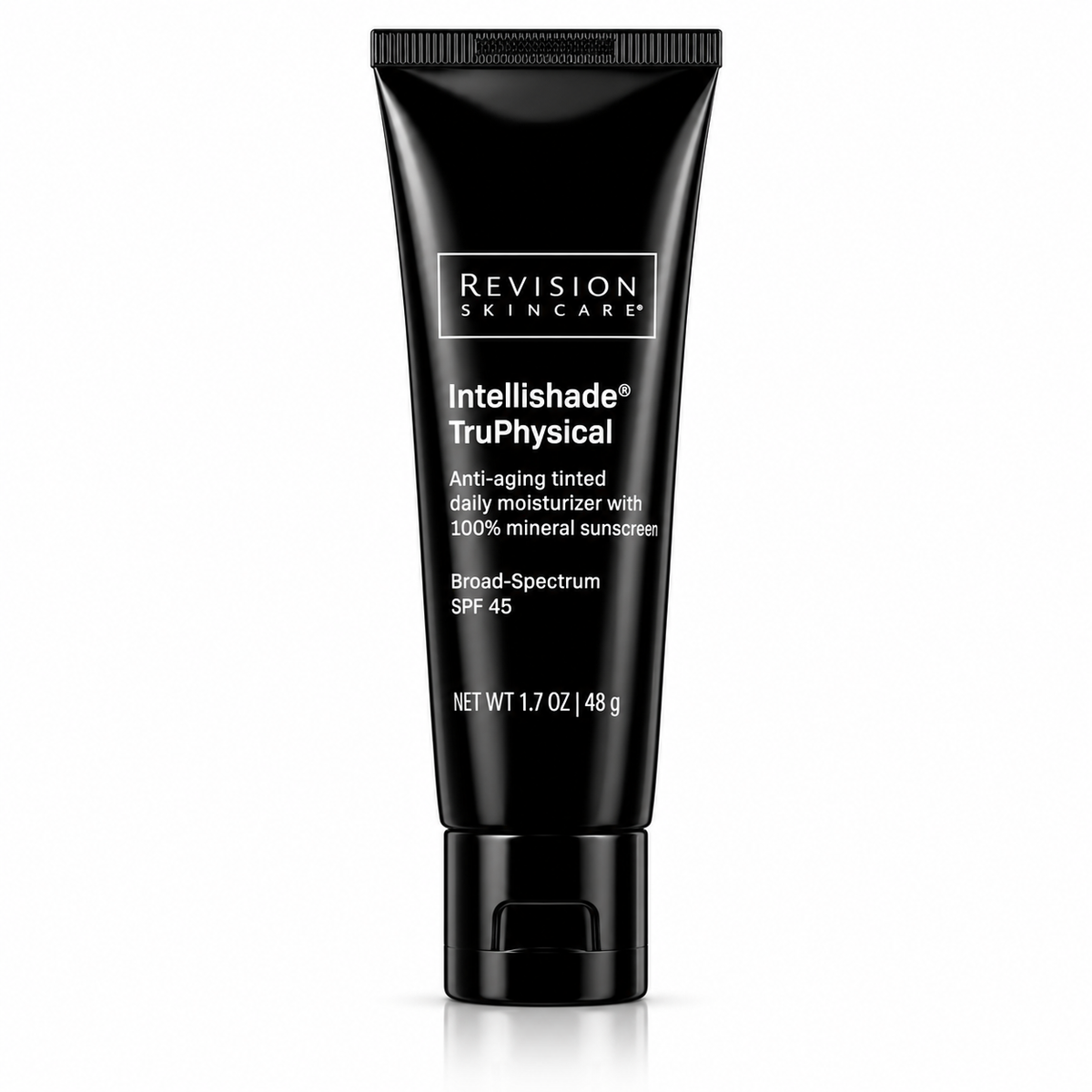 A black squeeze tube of Revision Skincare Intellishade TruPhysical Anti-aging Tinted Daily Moisturizer with 100% mineral sunscreen, SPF 45, on a white background.