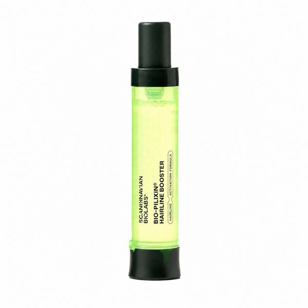 A cylindrical cosmetic tube of ScanKinnavan BioLabs Marine Booster in a translucent neon green color, with a black cap and base, on a solid white background.