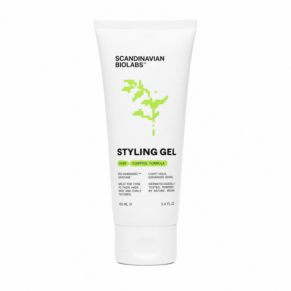 A white squeeze tube of Scandinavian Biolabs Styling Gel with a green abstract leaf graphic and black text, centered on a plain white background.