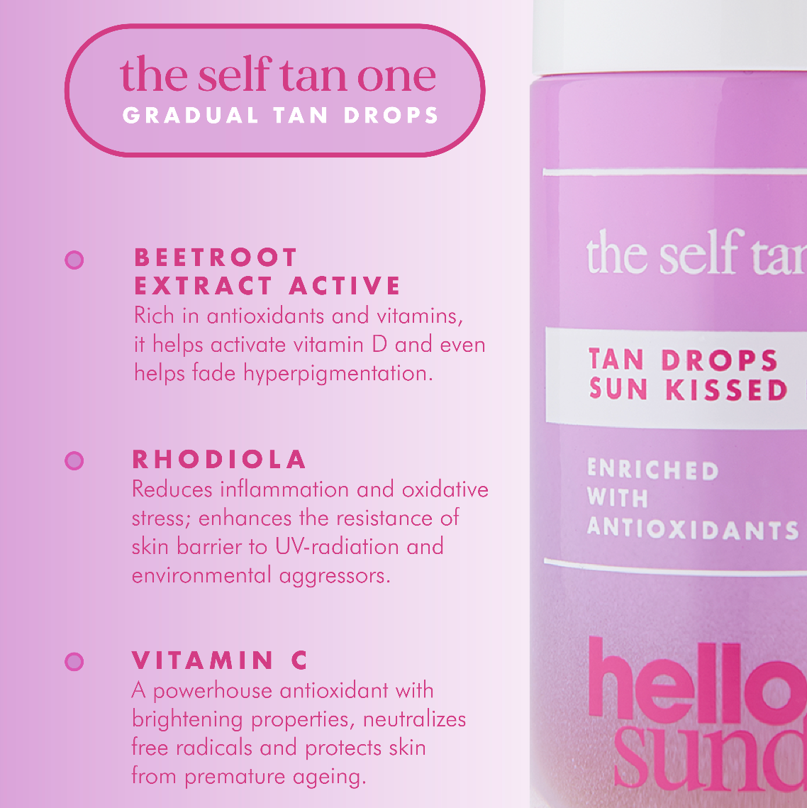 Product packaging with text on a pink background