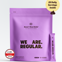 Purple supplement package with 'WE ARE. REGULAR.' text on a white background