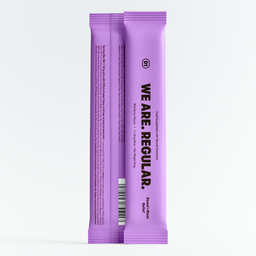 Two purple packets with 'WE ARE REGULAR' text on a white background
