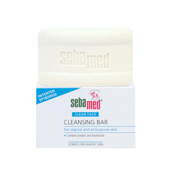Sebamed cleansing bar with packaging on a white background