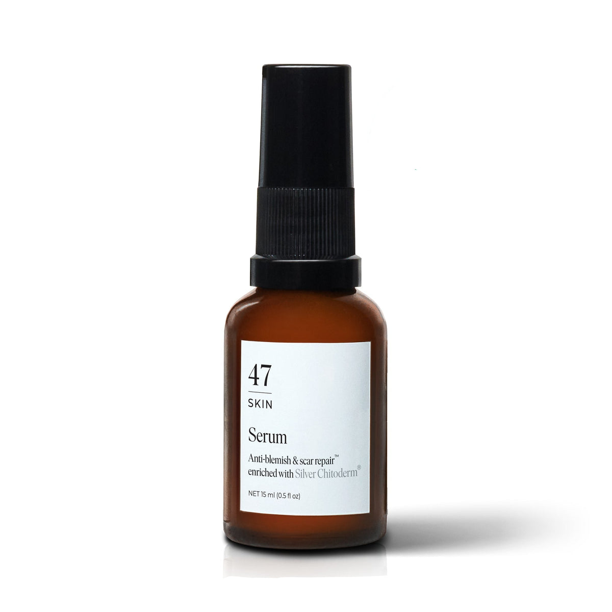 Skincare serum bottle with label and promotional text on a white background