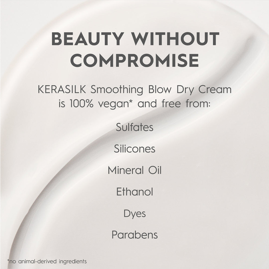 Kerasilk Smoothing Blow Dry Cream packaging with text about vegan and ingredient-free qualities.