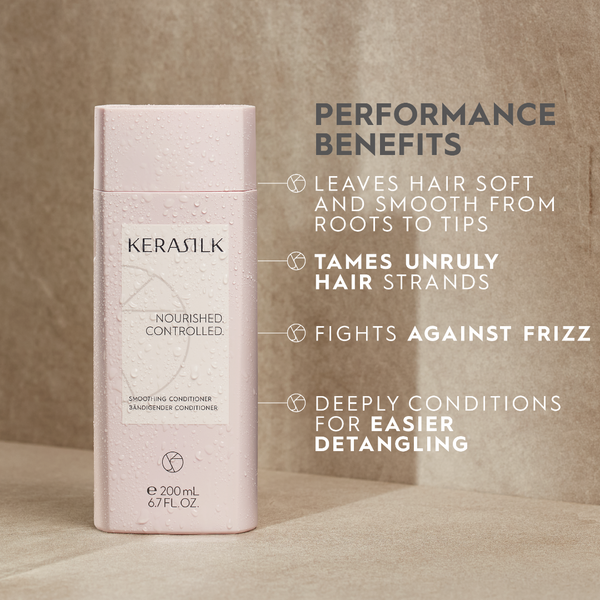 Kerasilk hair product with performance benefits listed on a textured background
