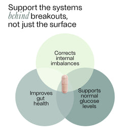 Venn diagram with three circles labeled 'Corrects internal imbalances', 'Improves gut health', and 'Supports normal glucose levels'. A pill is shown at the intersection of these circles.