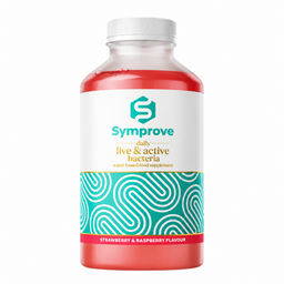 A bottle of Symprove daily live & active bacteria water based food supplement, strawberry & raspberry flavour. The bottle is clear plastic showing a vibrant red liquid inside, topped with a white ribbed cap.
