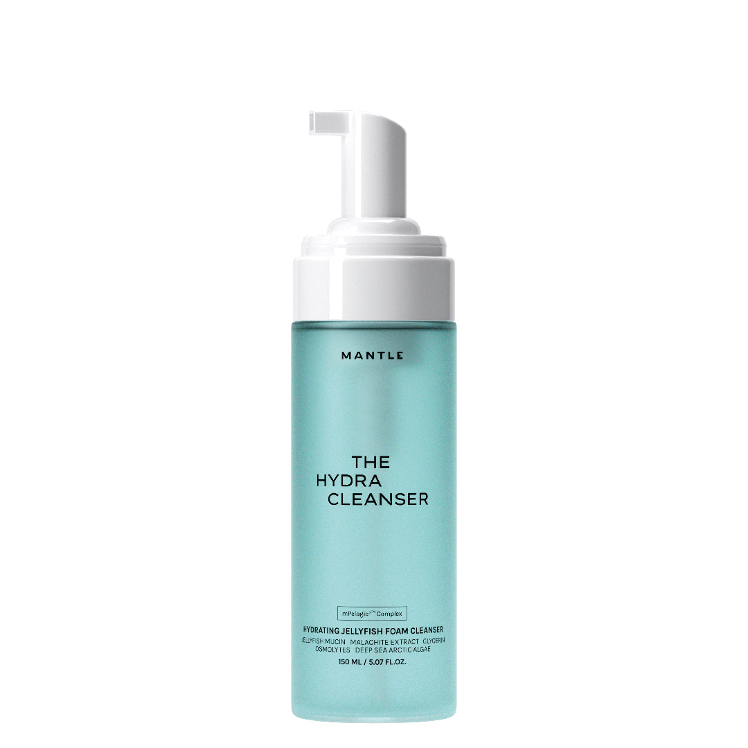MANTLE The Hydra Cleanser hydrating jelly foam cleanser in a 200 ml pump bottle, featuring a light aqua blue translucent body and a white pump dispenser, set against a plain white background.