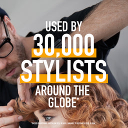 Person styling hair with text claiming use by 30,000 stylists around the globe.