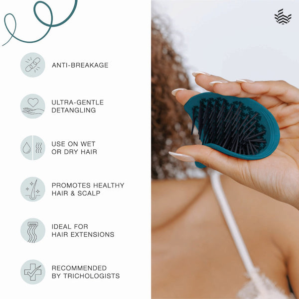 A teal and black detangling brush held in a woman's hand, with text callouts on the left listing benefits such as anti-breakage, ultra-gentle detangling, use on wet or dry hair, and promotion of healthy hair and scalp.