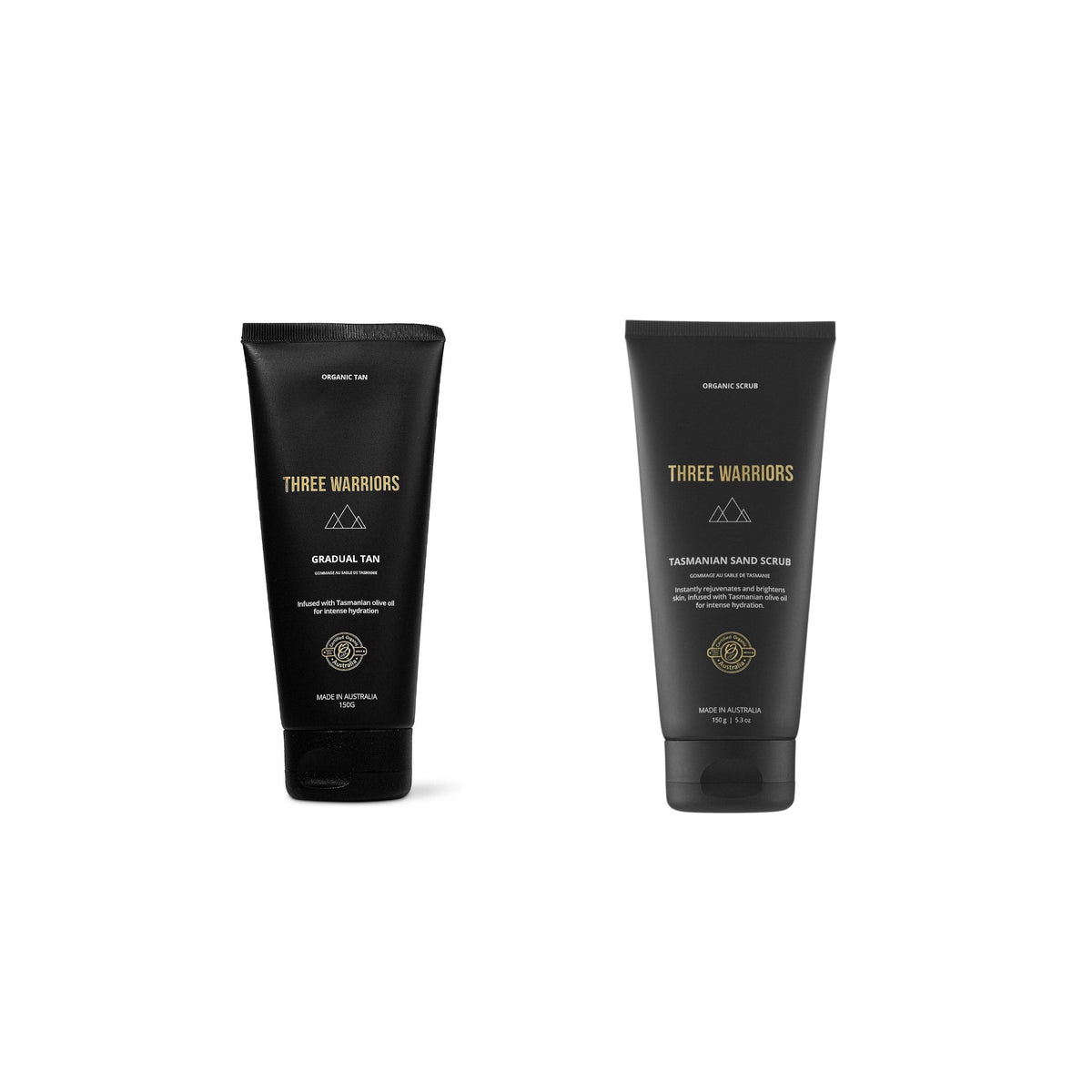 Two black squeeze tubes of Three Warriors haircare products, 'Harsh Acid Peel' and 'Hair Growth Serum', standing upright on a plain white background.