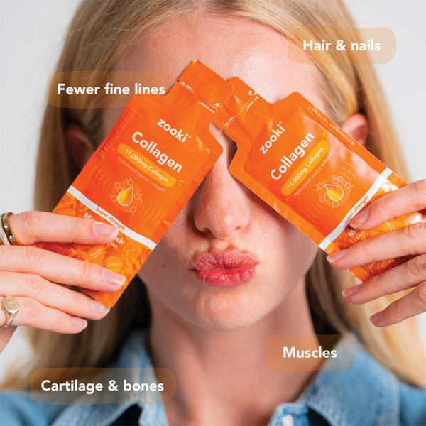 Person holding zooki collagen packets with text indicating benefits