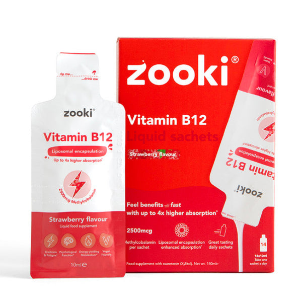 Zooki Vitamin B12 liquid sachets packaging on a white background