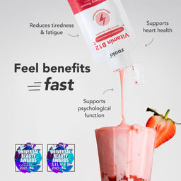 Zoku strawberry smoothie with text highlighting benefits and awards on a light gray background