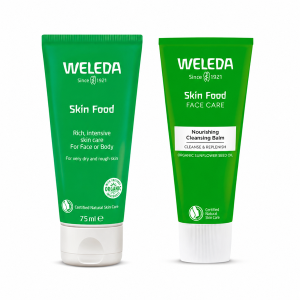 Two green Weleda Skin Food skincare tubes on a white background: a larger face care tube and a smaller cleansing balm tube.