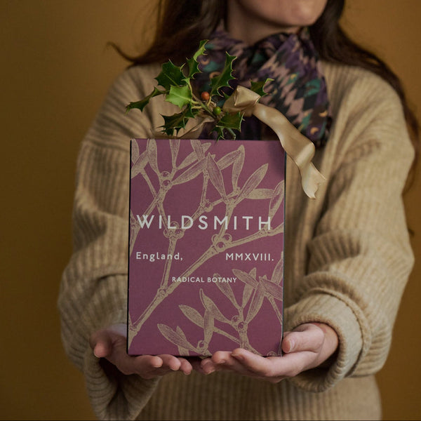 Person holding a gift box with 'Wildsmith' branding against a warm brown background