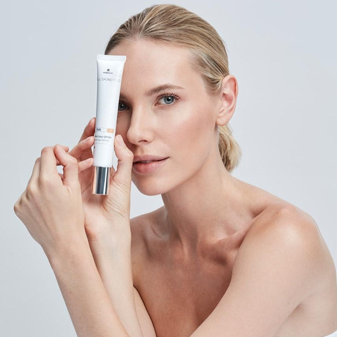 Model holding ALLSKIN MED SUN Mineral Colour SPF50+