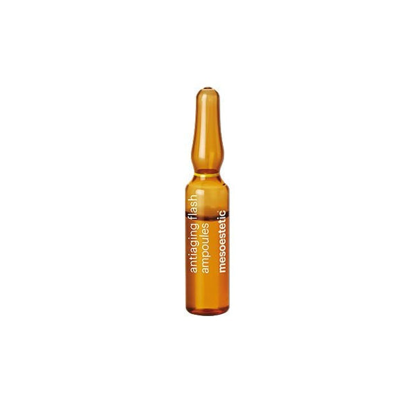 An amber glass ampoule vial with white text reading 'antioxidant flash ampoule mesostatic' on a plain white background.