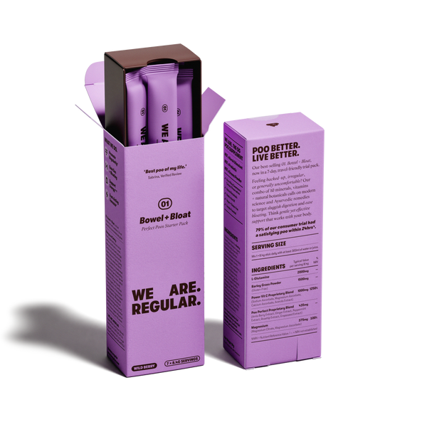 Purple and brown packaging for Bowef+Bloat dietary supplement, showing the front and back of the box on a white background.