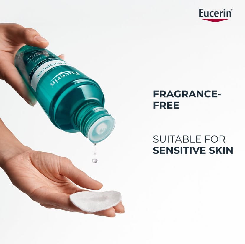 Eucerin bottle being poured onto a cotton pad with text indicating fragrance-free and suitable for sensitive skin.