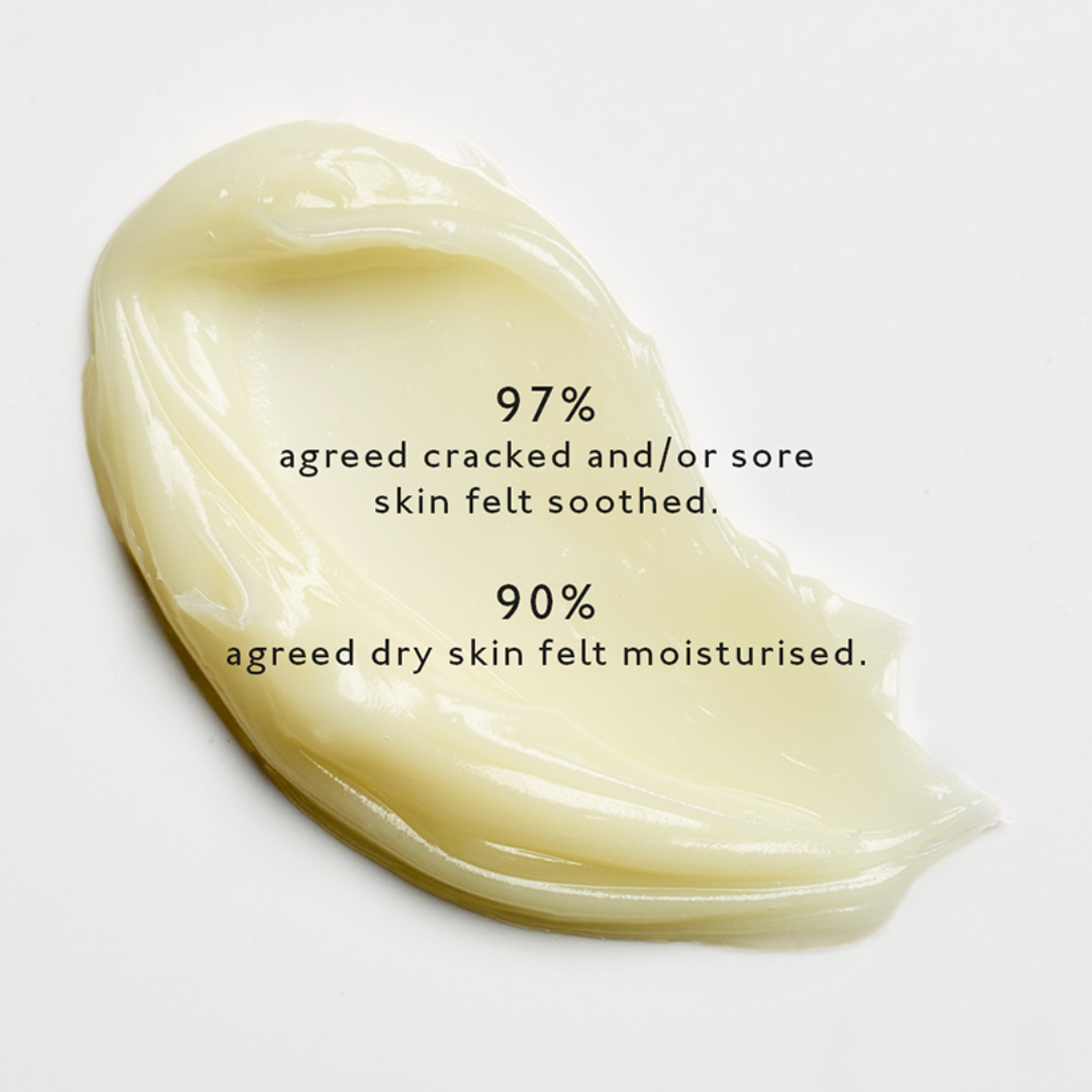Cream swatch with text indicating skin benefits on a light gray background