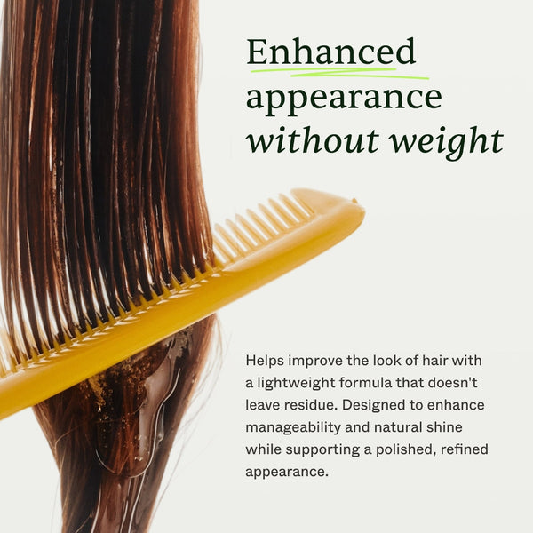 Hair product with comb and text about enhanced appearance without weight