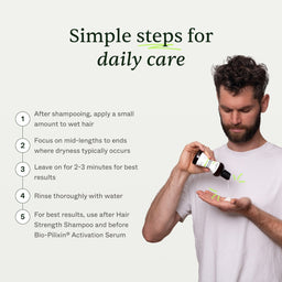 An informational graphic with the headline 'Simple steps for daily care' and a numbered list of five hair-care steps. On the right, a bearded man in a white T-shirt holds an amber bottle and pours liquid onto his hand, demonstrating product use against a light gray background.