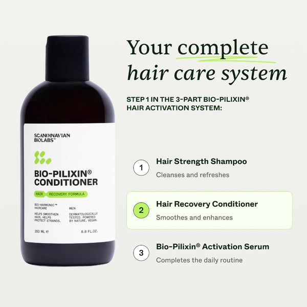 Bottle of Scandinavian Botanics BIO-PILIXIN conditioner with text about a hair care system on a white background.