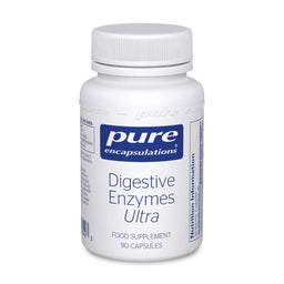 A white plastic bottle of Pure Encapsulations Digestive Enzymes Ultra food supplement, 90 capsules, on a clean white background.