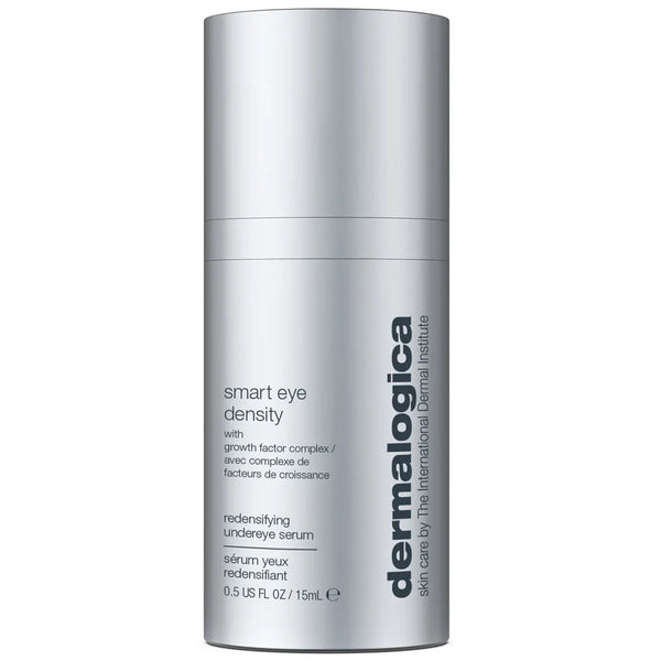 Dermalogica Smart Eye Density redensifying undereye serum in a sleek silver cylindrical bottle, shown against a plain white background.
