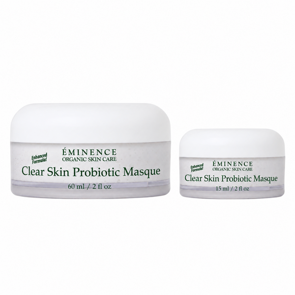 Two white jars of Éminence Organic Skin Care Clear Skin Probiotic Masque, shown in 60 ml and 15 ml sizes on a plain white background.
