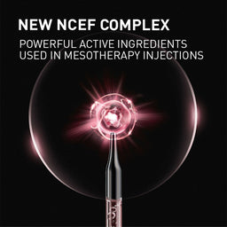 Intravenous needle with a glowing sphere labeled 'NEW NCEF COMPLEX' on a black background.