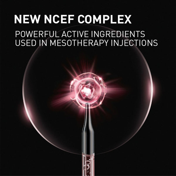 Intravenous needle with a glowing sphere labeled 'NEW NCEF COMPLEX' on a black background.