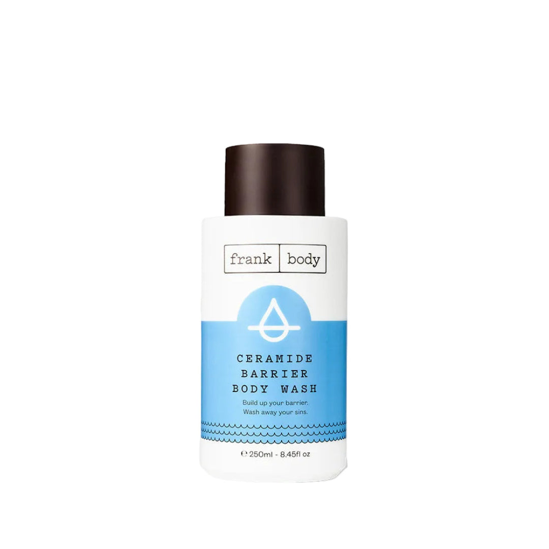 Body wash bottle with blue label on a transparent background