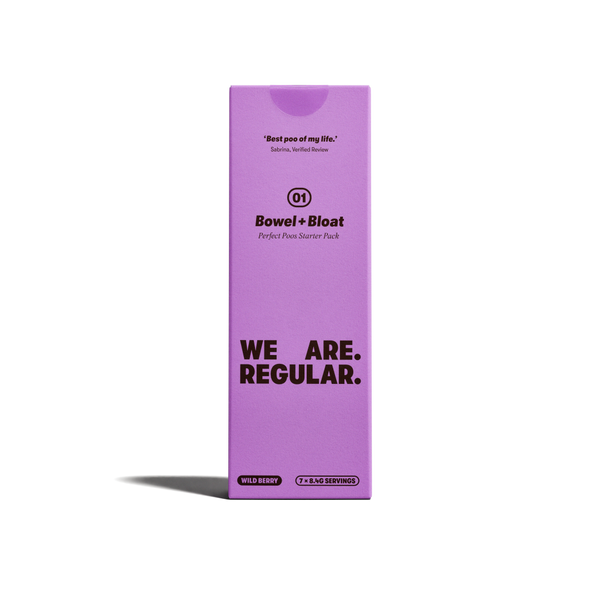 A tall rectangular purple box for Bowel + Bloat dietary supplement powder, standing upright on a white background with a soft shadow to the left.