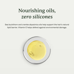 A clear round dish containing pale yellow oil on a light gray background, with text above reading 'Nourishing oils, zero silicones' and smaller descriptive copy about sea buckthorn, crambe abyssinica, and vitamin E.