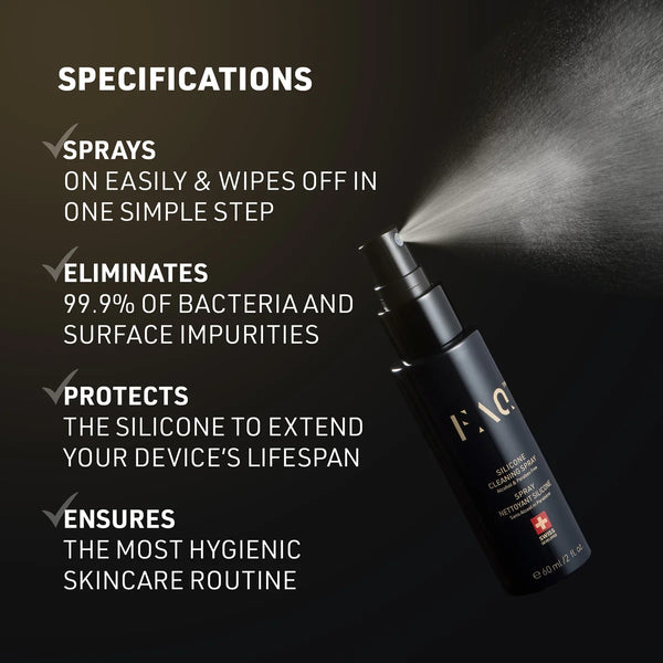 Black spray bottle with text detailing its features on a dark background