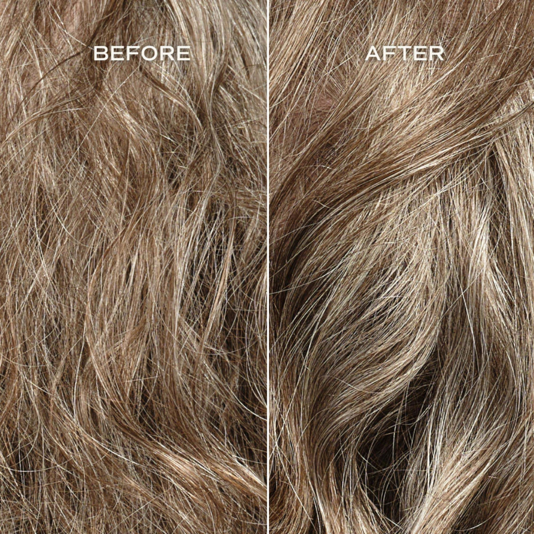 Before and after comparison of hair color treatment on a close-up of brown hair.