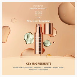 Foreo Supercharged Serum 2.0 bottle and cap shown on a peach-beige promotional graphic with droplets and text highlighting key ingredients.