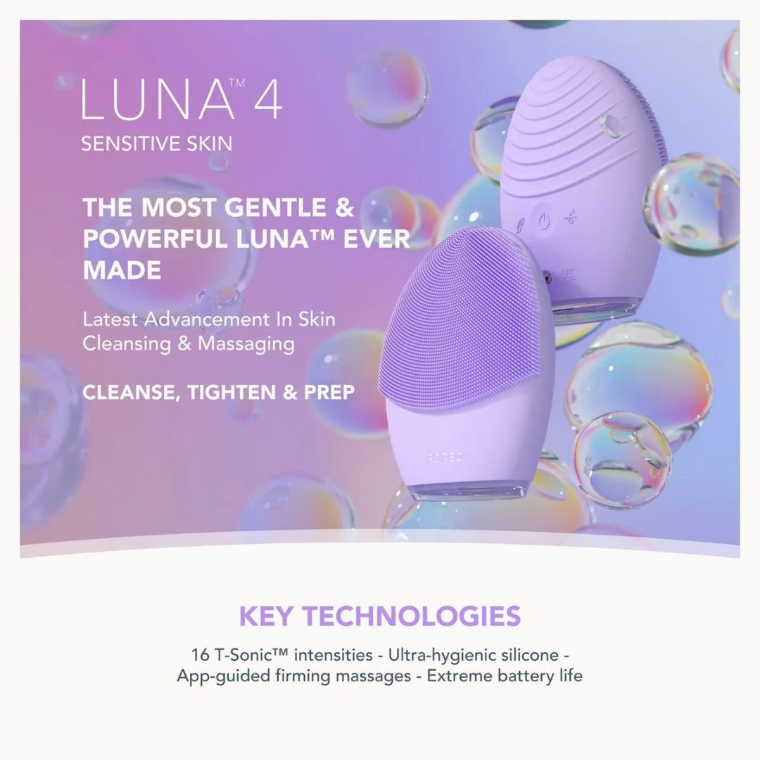 Luna 4 sensitive skin electric massager in lavender purple, shown alongside a larger view of the device on a pastel purple background with iridescent bubbles and marketing text.