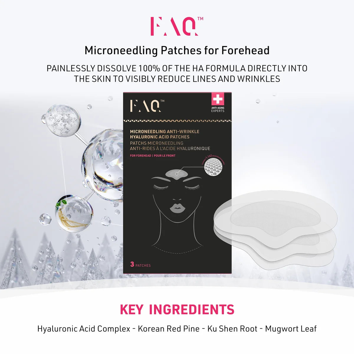FACQ microneedling patches for forehead with packaging and key ingredients listed.