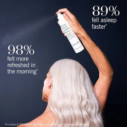 Person with white hair using a spray bottle against a dark background with text about sleep aid effectiveness.