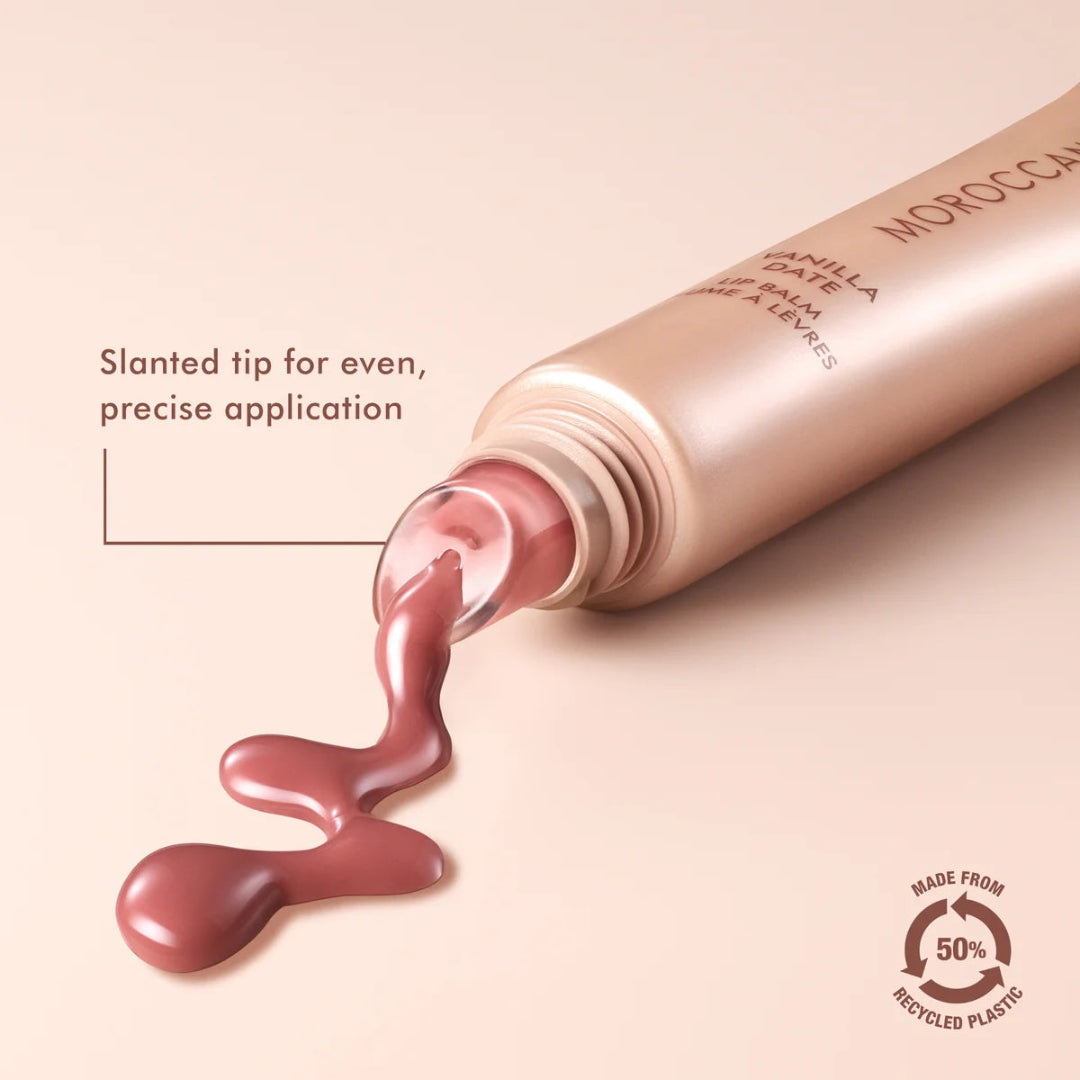 Open cosmetic tube with slanted tip and vanilla flavor text on a beige background