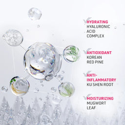 Skincare product with droplets and text highlighting ingredients on a white background